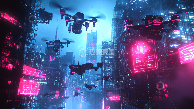 高清大图下载【趣麦麦图】赛博朋克风格无人机城市