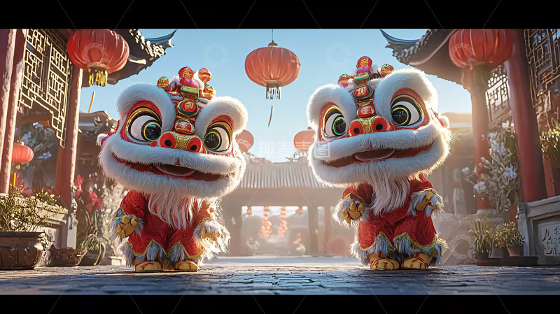 高清大图下载【趣麦麦图】可爱卡通舞狮