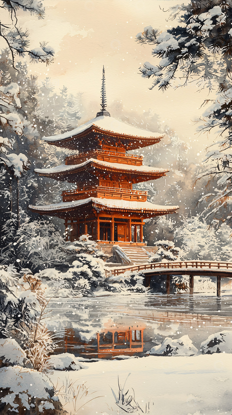 高清大图下载【趣麦麦图】冬日雪景中的日式塔楼