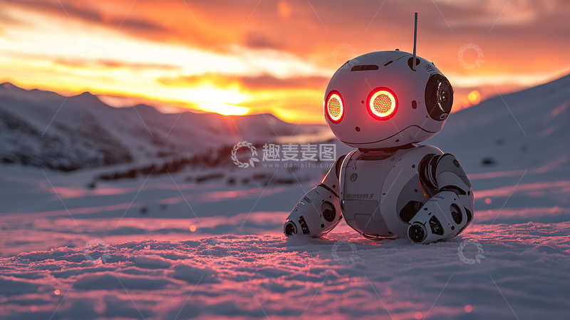 高清大图下载【趣麦麦图】夕阳雪地里的可爱机器人