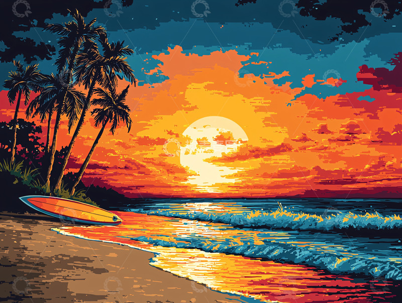 高清大图下载【趣麦麦图】热带海滩日落冲浪板