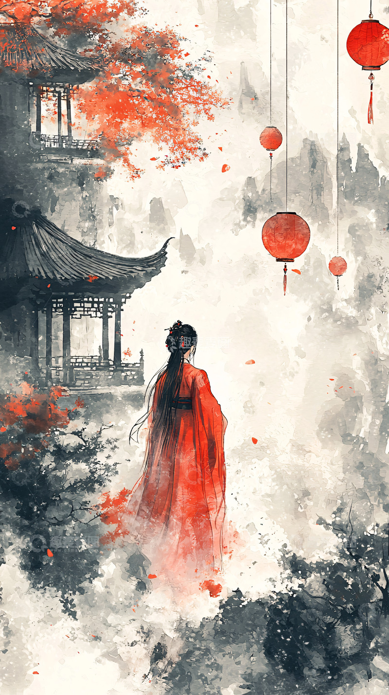 高清大图下载【趣麦麦图】红衣女子水墨画