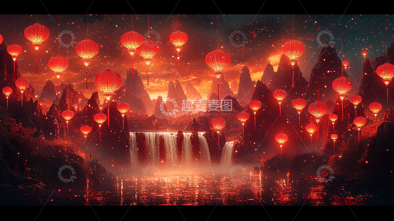 高清大图下载【趣麦麦图】红色灯笼山水夜景