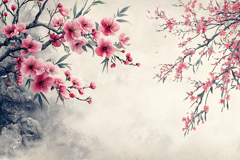 高清大图下载【趣麦麦图】水墨粉红樱花