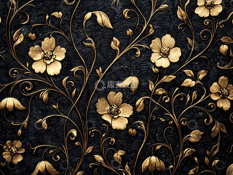 高清大图下载【趣麦麦图】金色花卉黑色背景