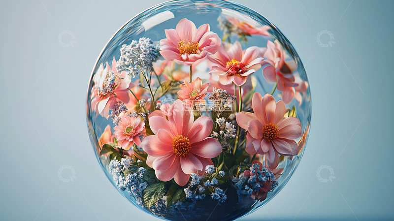 高清大图下载【趣麦麦图】玻璃球里的粉色花朵