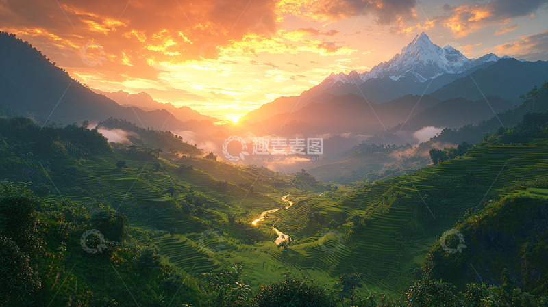 高清大图下载【趣麦麦图】日落山脉田园风光