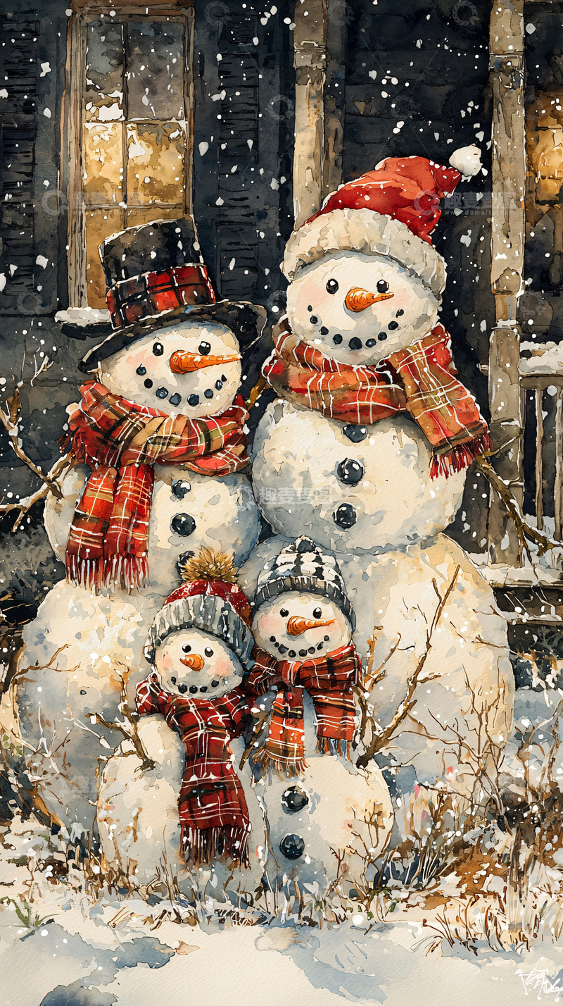 高清大图下载【趣麦麦图】雪人家庭圣诞节温馨场景