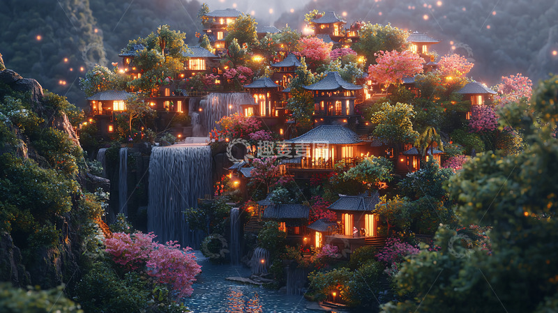 高清大图下载【趣麦麦图】梦幻山崖村落