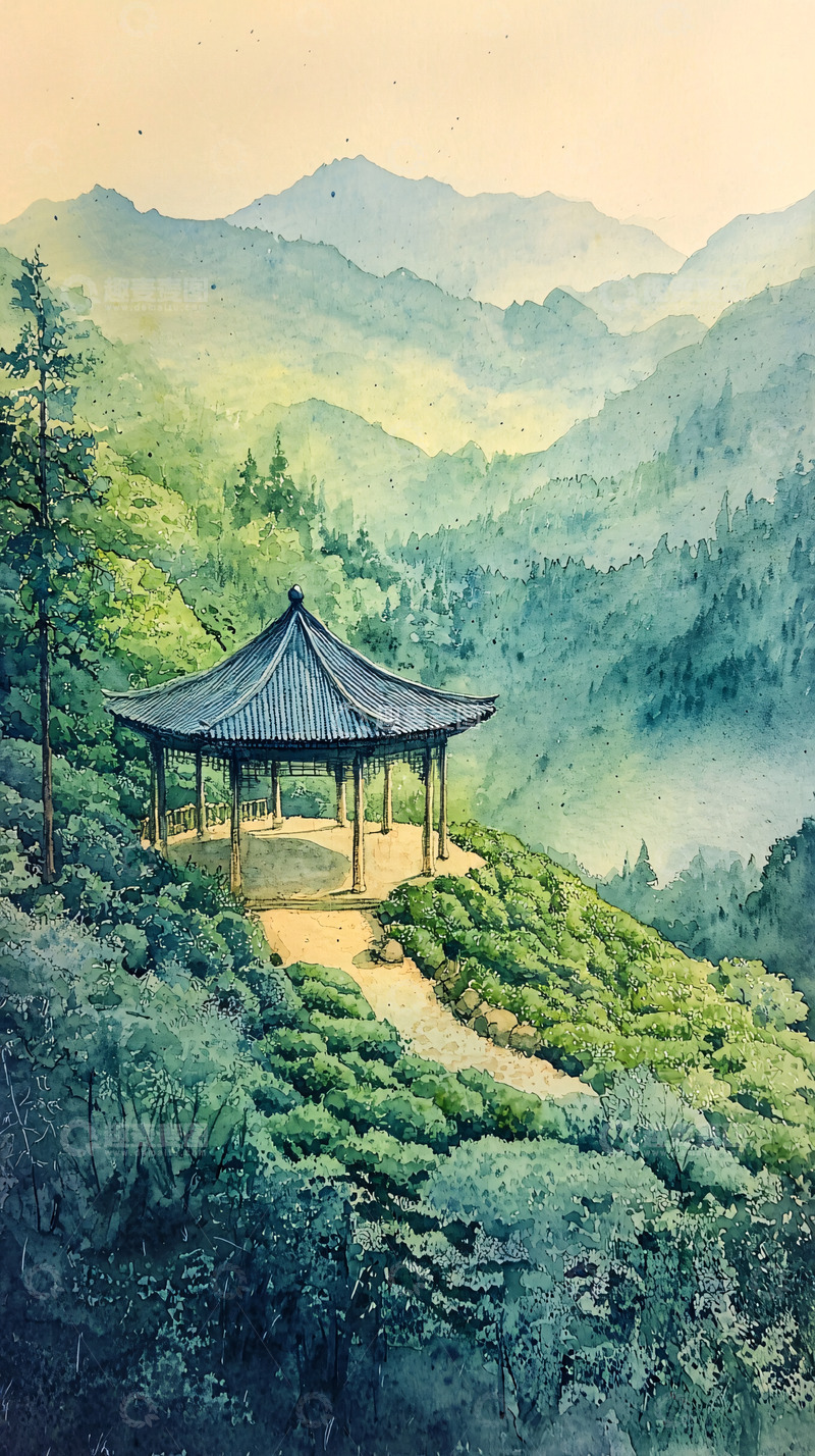 高清大图下载【趣麦麦图】山顶亭台水彩画