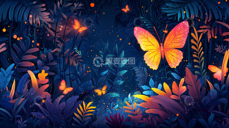 高清大图下载【趣麦麦图】夜色丛林梦幻蝴蝶