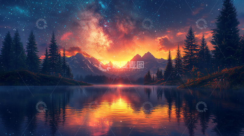 高清大图下载【趣麦麦图】星空下的山湖日落