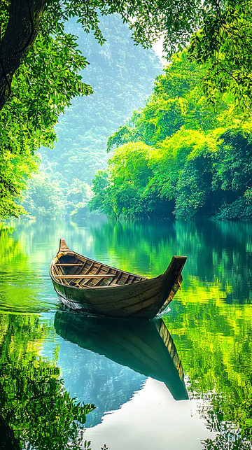 绿树环绕下的木船
