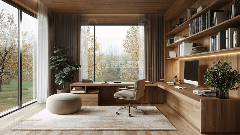 高清大图下载【趣麦麦图】简洁明亮的木质书房