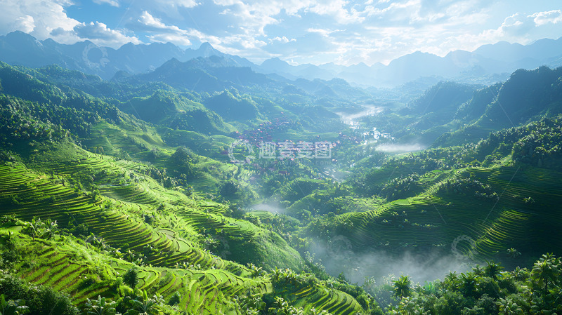 高清大图下载【趣麦麦图】绿色梯田山峦景色