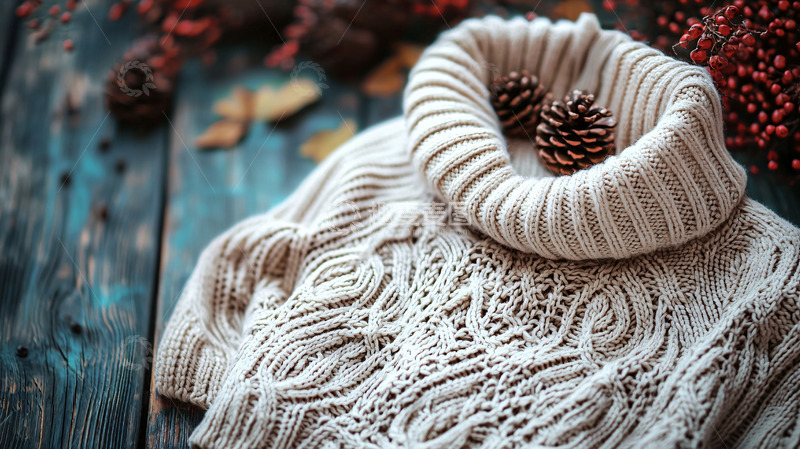 高清大图下载【趣麦麦图】白色高领毛衣和松果特写