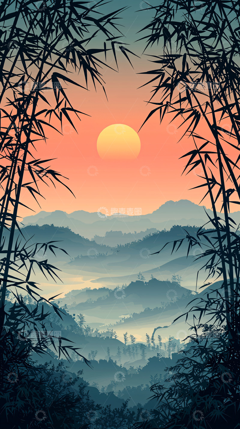 高清大图下载【趣麦麦图】竹林日出山峦景色