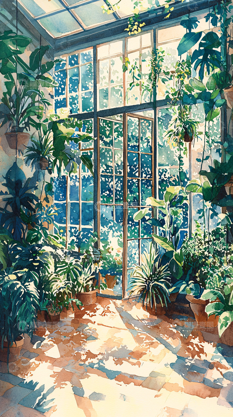 高清大图下载【趣麦麦图】阳光透过玻璃房洒在绿植上