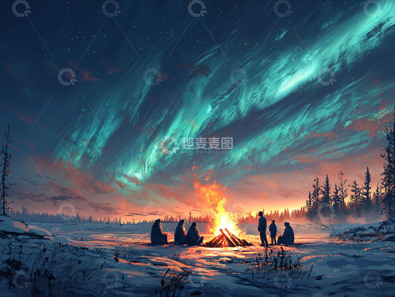 高清大图下载【趣麦麦图】极光下篝火旁的人群