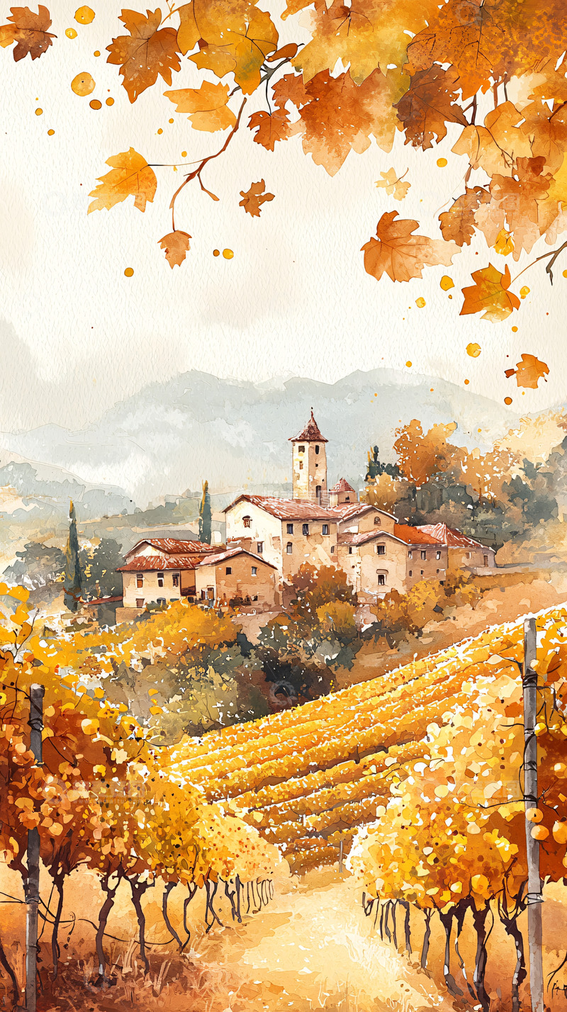 高清大图下载【趣麦麦图】秋日葡萄园小镇水彩画