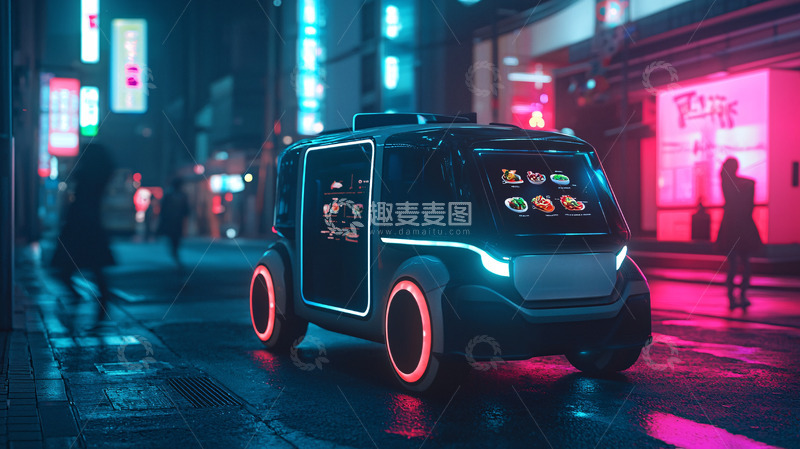 高清大图下载【趣麦麦图】夜晚霓虹灯下的无人送餐车
