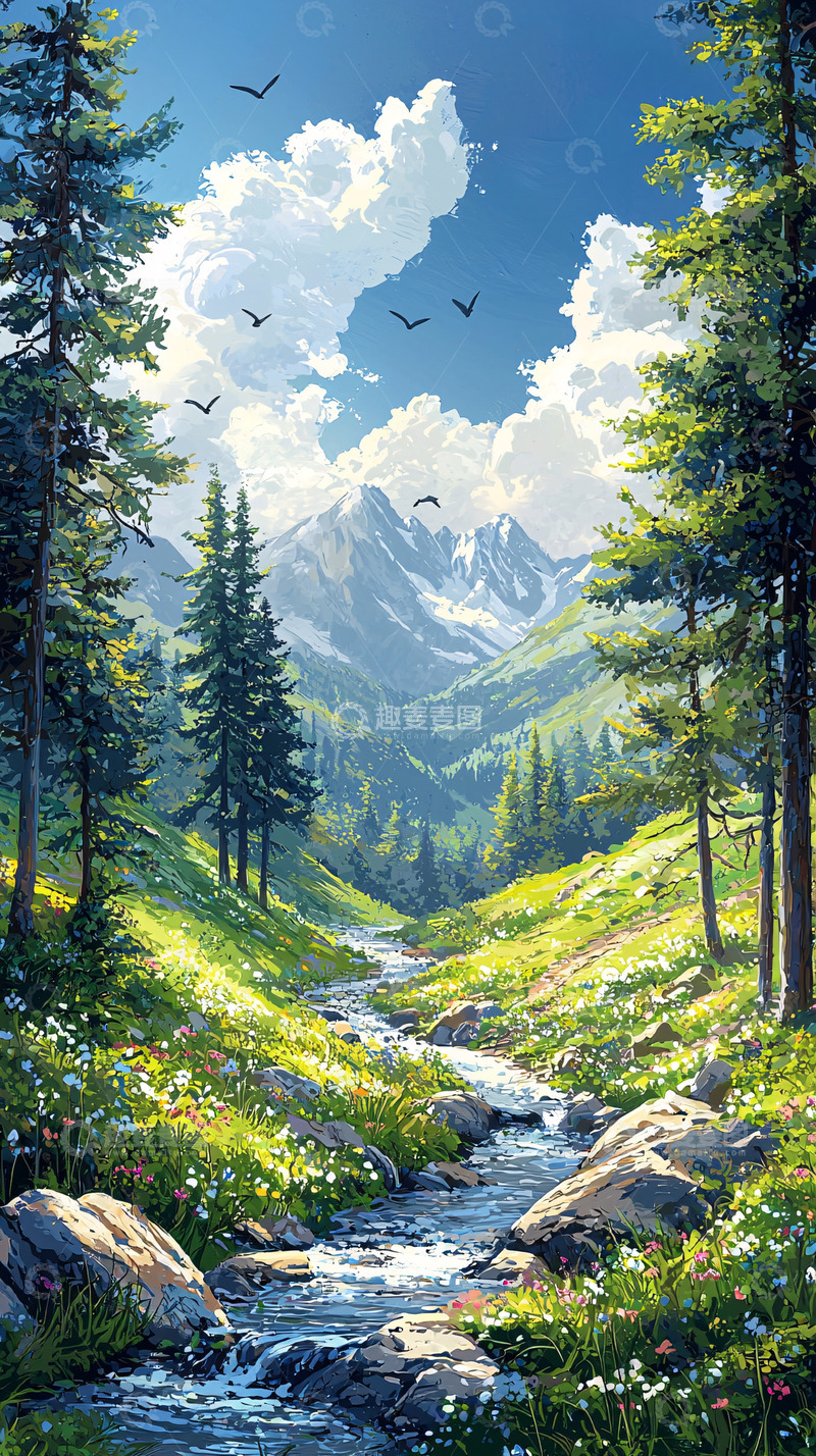 高清大图下载【趣麦麦图】山间溪流与远山白云