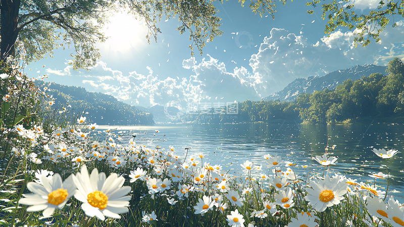 高清大图下载【趣麦麦图】阳光明媚的湖边雏菊