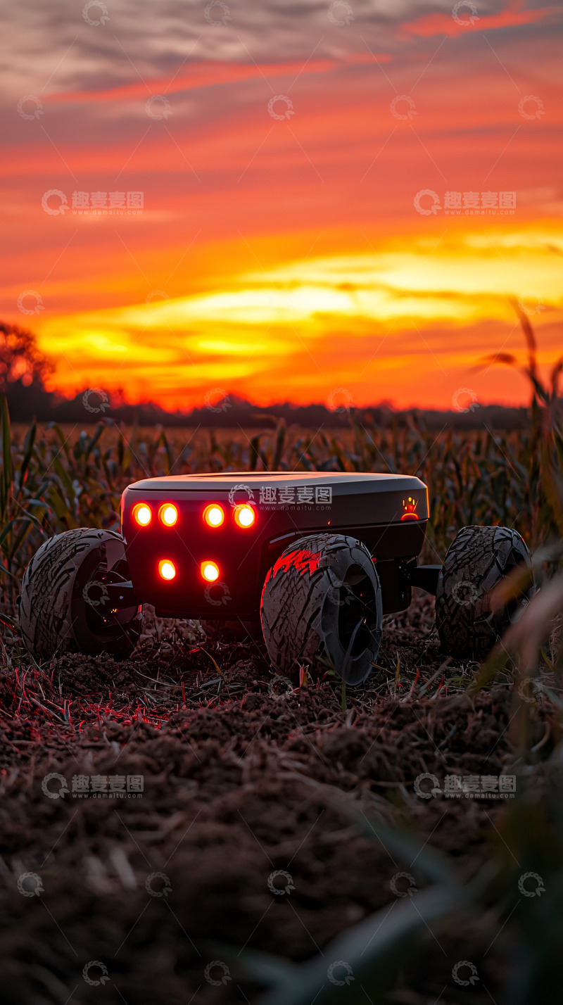 高清大图下载【趣麦麦图】田间机器人日落剪影