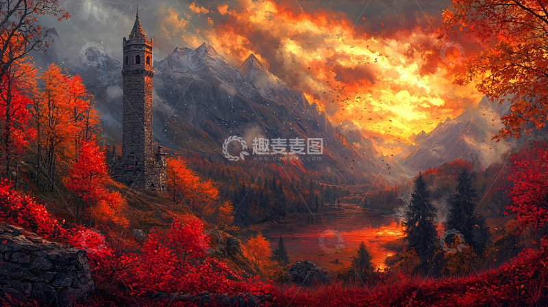 高清大图下载【趣麦麦图】秋日山林古塔夕阳