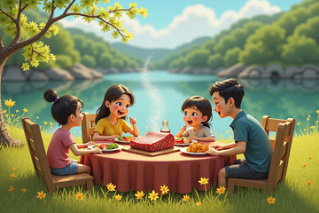 卡通一家四口户外郊游