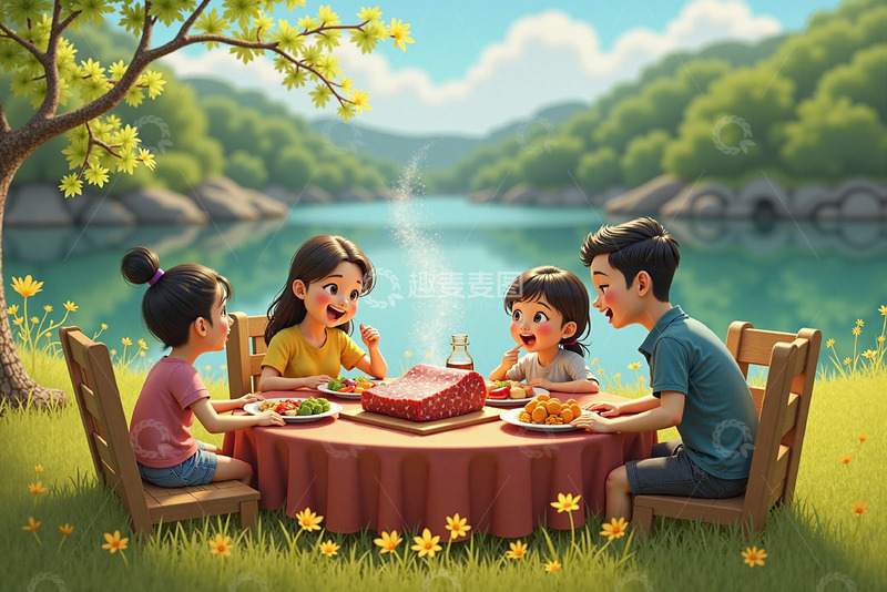 卡通一家四口户外郊游