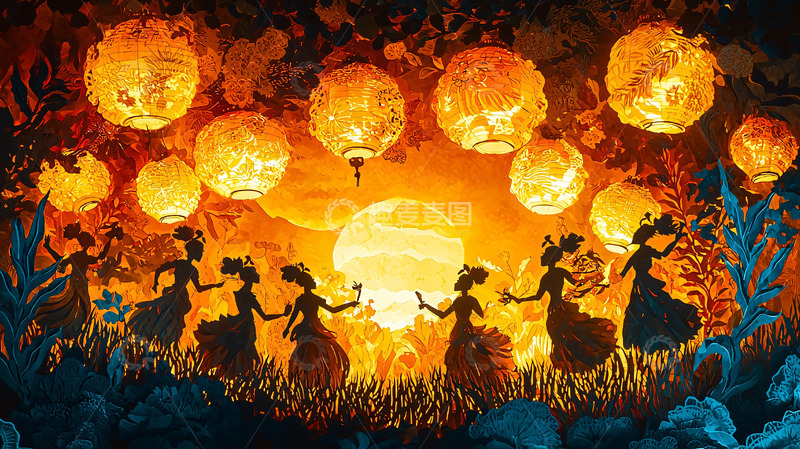 高清大图下载【趣麦麦图】剪纸风格灯笼女子舞蹈