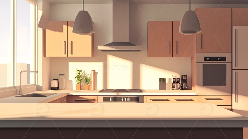 高清大图下载【趣麦麦图】阳光洒落的温馨厨房