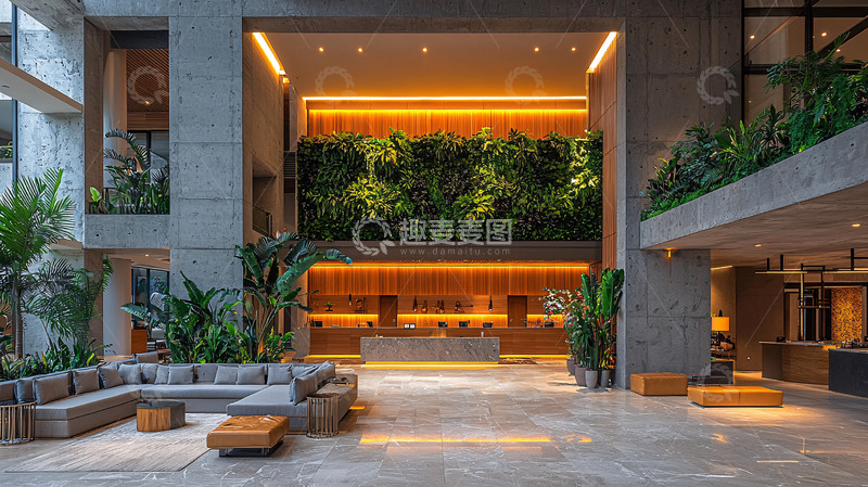 高清大图下载【趣麦麦图】酒店大堂绿植背景墙接待台