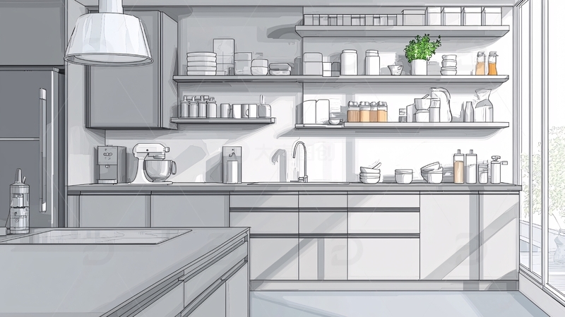 高清大图下载【趣麦麦图】现代厨房素描