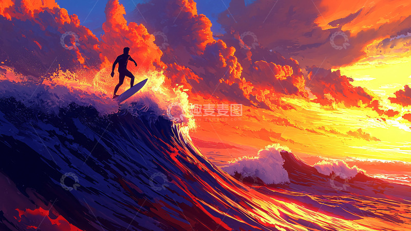 高清大图下载【趣麦麦图】日落冲浪剪影