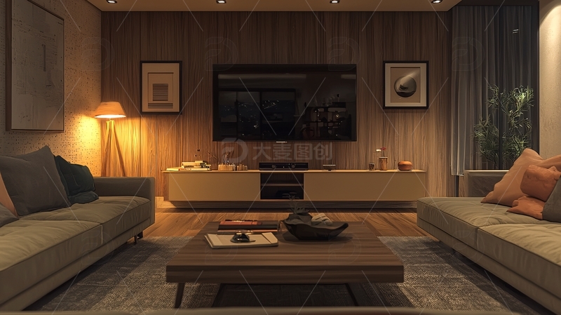 高清大图下载【趣麦麦图】现代简约客厅夜景