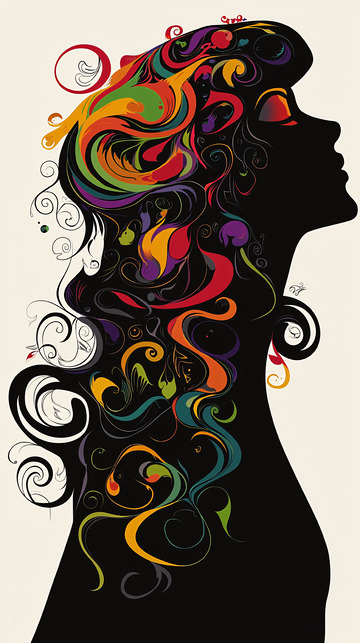 彩色卷发侧影剪影