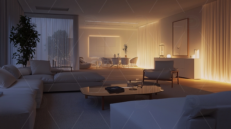 高清大图下载【趣麦麦图】现代简约风格温馨客厅夜景