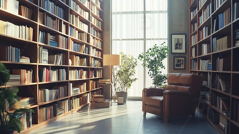 高清大图下载【趣麦麦图】阳光洒进书房的书架