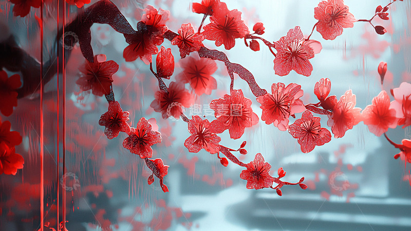 高清大图下载【趣麦麦图】红梅花窗棂背景图