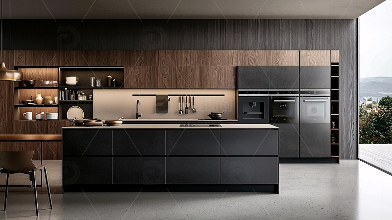 高清大图下载【趣麦麦图】现代极简风格深色系厨房