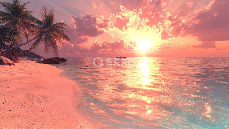 高清大图下载【趣麦麦图】粉色沙滩日落