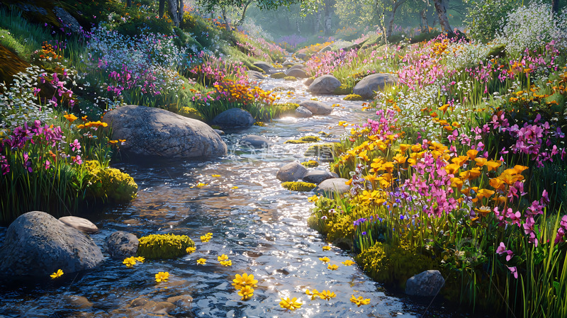 高清大图下载【趣麦麦图】溪流旁盛开的鲜花