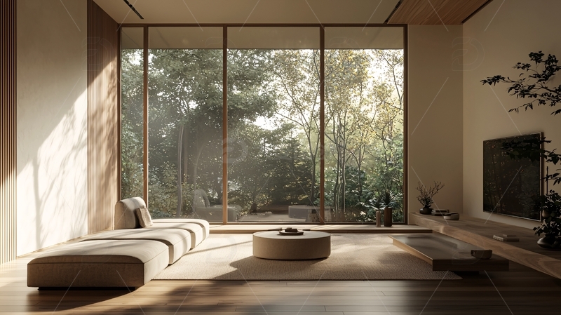 高清大图下载【趣麦麦图】极简日式客厅落地窗阳光