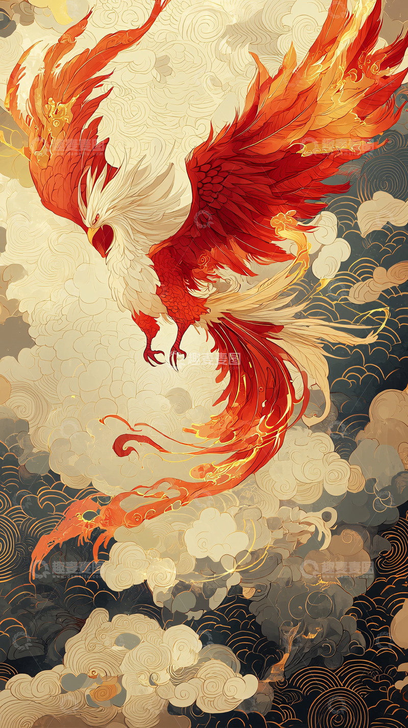 高清大图下载【趣麦麦图】火焰般羽毛的凤凰飞翔