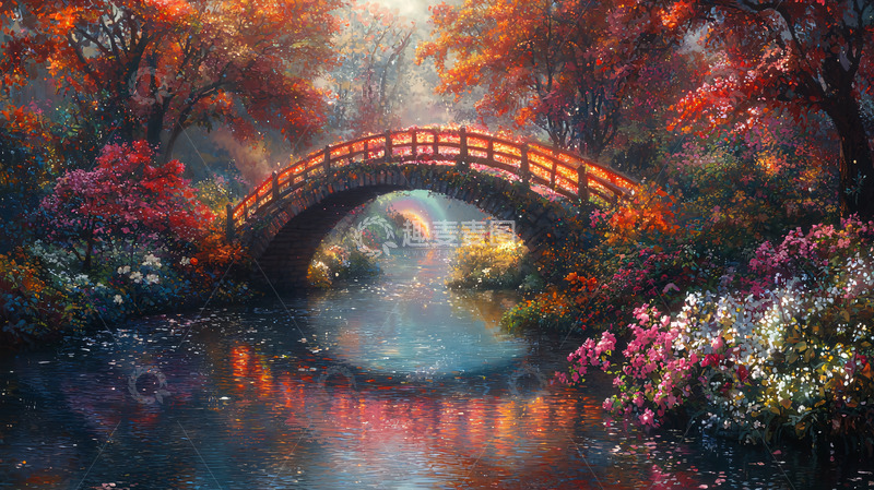 高清大图下载【趣麦麦图】秋日红枫桥流水