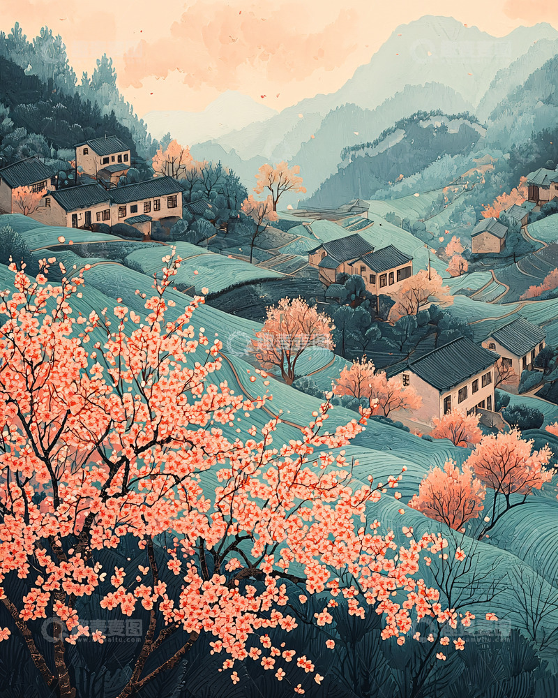 高清大图下载【趣麦麦图】山间村落的桃花盛开景色