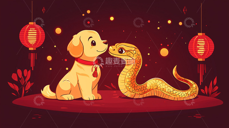 高清大图下载【趣麦麦图】中国风狗狗与蛇