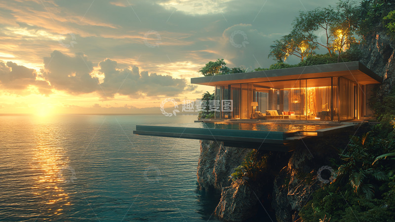 高清大图下载【趣麦麦图】海边悬崖别墅日落